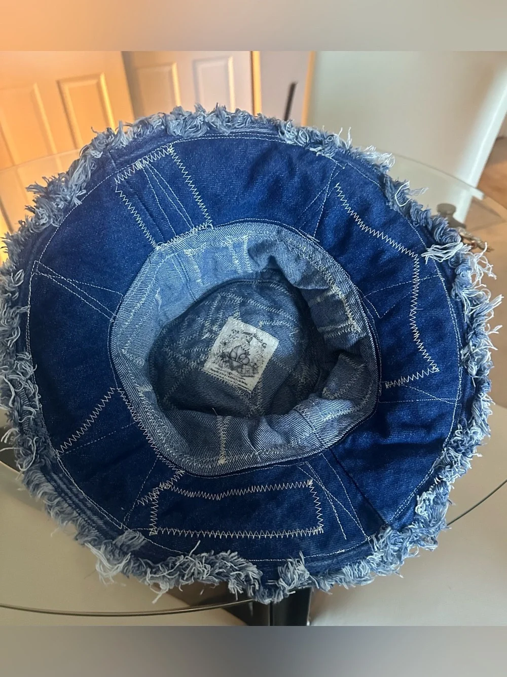 Artisan-made Bohemian Cream Floral Fabric Hat with Frayed Denim Trim